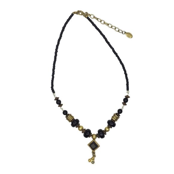 Robert Rose Necklace Black Beaded Gold Tone Accents Adjustable Length - Picture 2 of 3